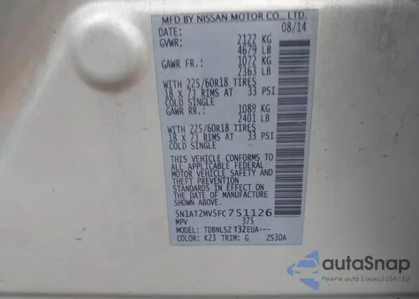 2015 Nissan Rogue Sl z USA, uszkodzony, nr VIN 5N1AT2MV5FC751126